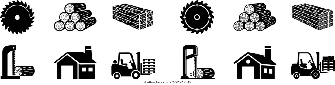 Industrial wood processing collection including circular saw blades stacks of raw tree logs finished timber boards carpentry workshop building forklift loader for transport and mechanical wood cutting machine equipment.