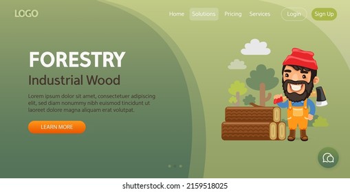 Industrial Wood website template. Illustration of a cartoon lumberjack stands near logs in the forest. Composition with a professional. Flat male character.