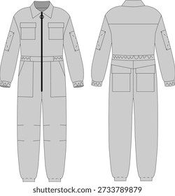 Industrial work overalls technical illustration, professional mechanic coverall, technical uniform template, front and back view, realistic vector illustration, fashion clothing mockup.