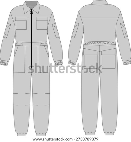 Industrial work overalls technical illustration, professional mechanic coverall, technical uniform template, front and back view, realistic vector illustration, fashion clothing mockup.
