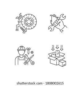 Industrial work pixel perfect linear icons set. Spare parts, human labor, product packaging customizable thin line contour symbols. Isolated vector outline illustrations. Editable stroke