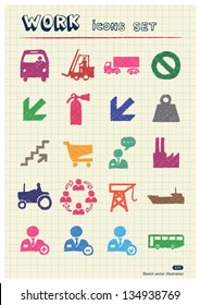 Industrial, work and repair web icons set drawn by color pencils. Hand drawn vector elements pack isolated on paper