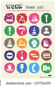 Industrial, work and repair web icons set drawn by chalk. Hand drawn vector elements pack isolated on paper