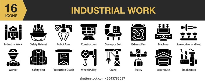 Industrial Work solid icon set. Includes industry, work, technology, engineer, industrial, and More. Solid icons vector collection.