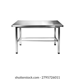 Industrial work table in black and white halftone style. Stainless steel preparation desk illustration with dotted texture, commercial kitchen equipment isolated on light background.