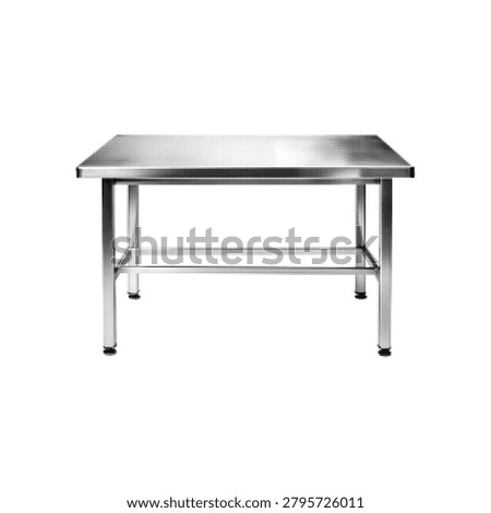 Industrial work table in black and white halftone style. Stainless steel preparation desk illustration with dotted texture, commercial kitchen equipment isolated on light background.