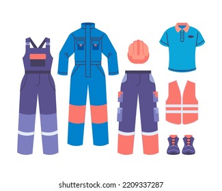 Industrial work uniforms vector illustration. Workwear uniform, protective vest, hard hat helmet, safety overall. Flat style design. Colorful graphics