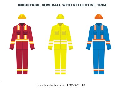 Industrial work wear coverall with reflective trim and protective helmet. Construction worker uniform color types. Vector illustration.