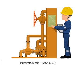 An industrial worker is auditing the daily operation checklist.
