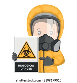Industrial worker with biohazard sign warning. Biological hazard caution icon and pictogram. Protective suit and respirators. Industrial safety and occupational health at work