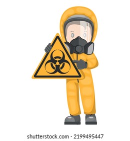 Industrial worker with biohazard sign warning. Biological hazard caution icon and pictogram. Protective suit and respirators. Industrial safety and occupational health at work