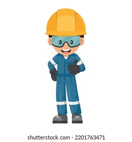 Industrial worker in blue industrial overalls with thumb up. Engineer with his personal protective equipment. Industrial safety and occupational health at work