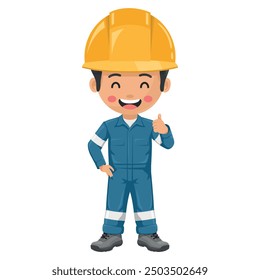 Industrial worker in blue industrial overalls with thumb up. Engineer with his personal protective equipment. Industrial safety and occupational health at work