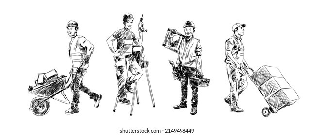 industrial worker bring ladder and equipment Vector illustration. 