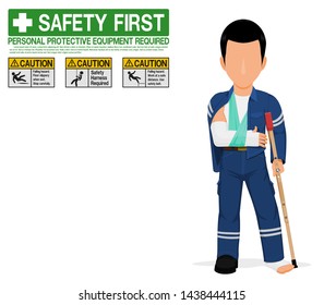 An industrial worker with broken arm and leg on transparent background
