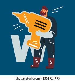 Industrial worker. Builder, technician. Labor day. Vector illustration of a character holding a drill, working tool. The concept of ordering online webmaster