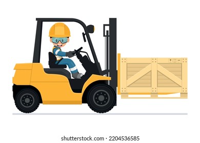 Industrial worker carefully driving a forklift. Yellow fork lift truck transporting a wooden box packaging pallet to a warehouse. Industrial storage and distribution of products. Industrial Safety