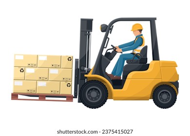 Industrial worker carefully driving a forklift. Yellow lift truck transporting a box packing pallet to a warehouse. Industrial storage and distribution of products. Industrial Safety