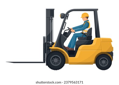 Industrial worker carefully driving a forklift. Forklift truck with man driving. Industrial storage and distribution of products. Industrial Safety