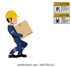 An industrial worker is carrying a heavy paper crate
