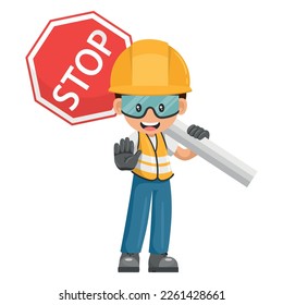 Industrial worker carrying stop sign. Construction worker with his personal protective equipment. Industrial safety and occupational health at work