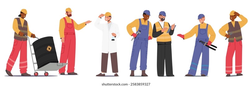 Industrial worker cartoon characters of different fields at refinery plant and oil industry isolated set on white background. Mechanic, repairman, engineer, quality inspector vector illustration