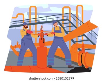 Industrial worker characters providing urgency repair operation to eliminate crude oil leakage scene. Oilman mechanics fixing pipe and valve to prevent dangerous situation at plant vector illustration