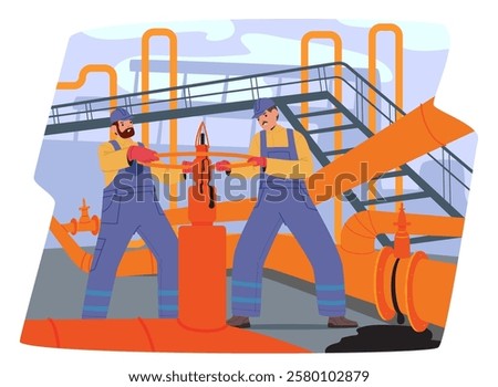 Industrial worker characters providing urgency repair operation to eliminate crude oil leakage scene. Oilman mechanics fixing pipe and valve to prevent dangerous situation at plant vector illustration