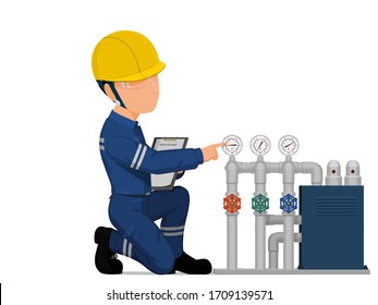 An industrial worker is checking the pressure in the piping system.
