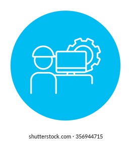 Industrial worker with computer monitor and gear on background line icon for web, mobile and infographics. Vector white icon on the light blue circle isolated on white background.
