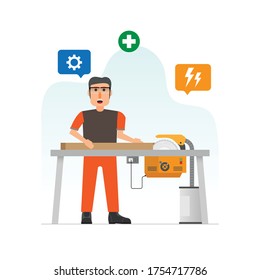 Industrial worker cutting wood with table saw in simple graphic