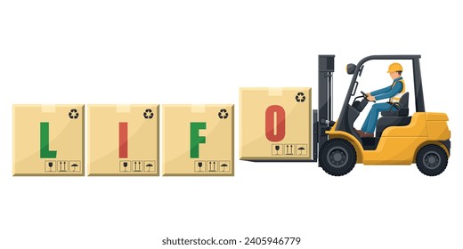 Industrial worker driving a forklift loading boxes. LIFO system. Last In, First Out. Inventory management method for product rotation in warehouse. Cargo and shipping logistics. industrial storage