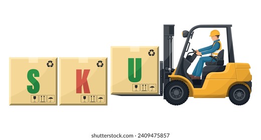 Industrial worker driving a forklift loading boxes. SKU, Stock Keeping Unit. Inventory management method for product rotation in warehouse. Cargo and shipping logistics. industrial storage