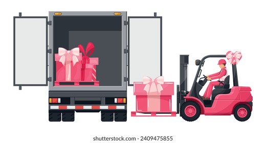 Trabajador industrial conduciendo un montacargas rosa cargando cajas de regalo a un camión de contenedores celebrando el Día de San Valentín. Campaña logística para cargar y enviar mercadería de alta demanda para el Día de San Valentín