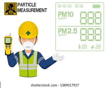 An Industrial worker with dust mask is presenting display screen of the particle detector