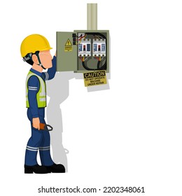 An industrial worker with electrical cabinet on white background