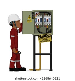 An industrial worker with electrical cabinet on white background