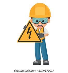 Industrial worker with electrical hazard sign warning. Caution pictogram and icon. Worker with personal protective equipment. Industrial safety and occupational health at work