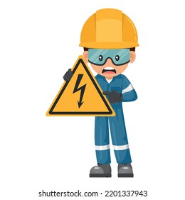 Industrial Worker With Electrical Hazard Sign Warning. Caution Pictogram And Icon. Worker With Personal Protective Equipment. Industrial Safety And Occupational Health At Work