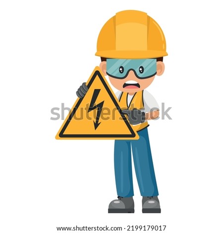 Industrial worker with electrical hazard sign warning. Caution pictogram and icon. Worker with personal protective equipment. Industrial safety and occupational health at work