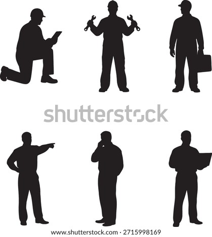 Industrial Worker Engineer Mechanic Silhouette Vector Set