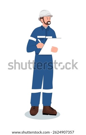 Industrial worker or engineer in uniform and hard hat writing on clipboard. Inspection or note taking. Vector illustration isolated on white background.