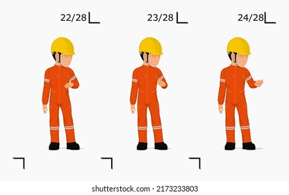 An industrial worker is explaining something on the floor
