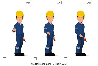 An industrial worker is explaining something on the floor
