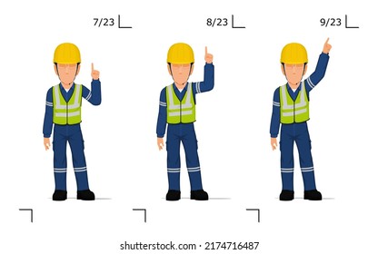 An industrial worker is explaining something over his head
