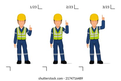 An industrial worker is explaining something over his head
