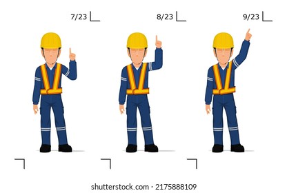 An industrial worker is explaining something over his head
