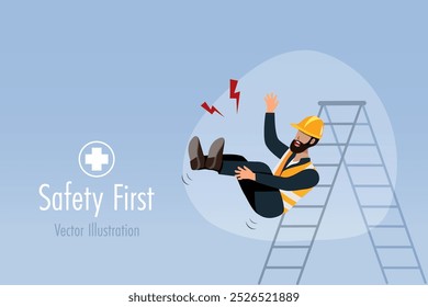 Industrial worker falling down from ladder stairs. Safety first, careless and accident at construction site concept. Vector 