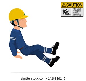 An industrial worker is falling on the slippy floor
