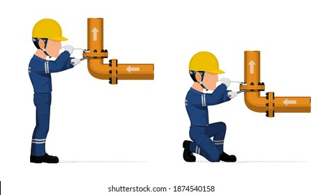 An industrial worker is fastening flange on white background.